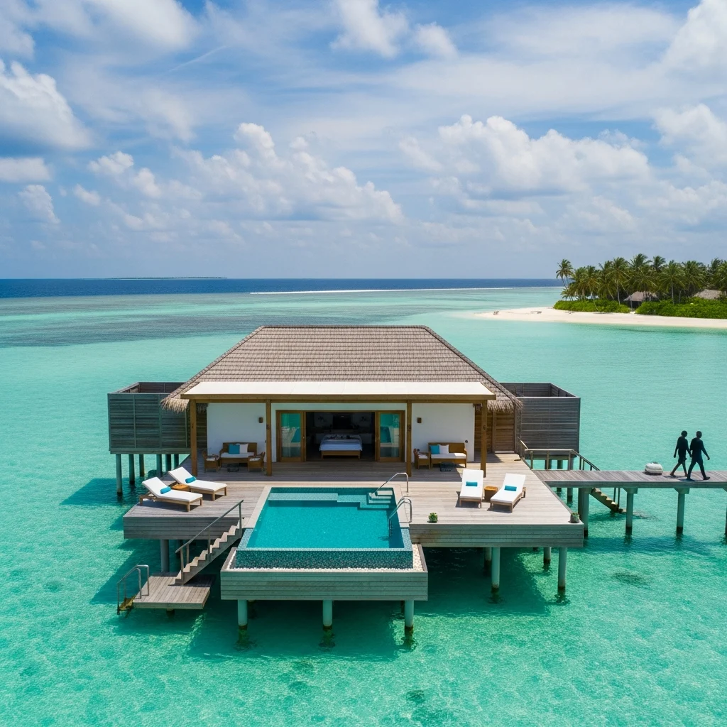 Vista aerea di una lussuosa villa overwater rinnovata allo Sheraton Maldives Full Moon Resort & Spa, con piscina privata e accesso diretto all'oceano turchese.