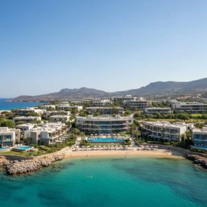 Vista aerea di un nuovo distretto resort di lusso in costruzione sulla costa di Creta, con architettura moderna e giardini mediterranei affacciati sul mare.