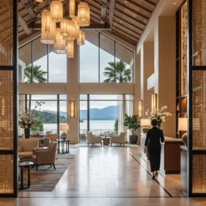Interno di una lussuosa lobby di un resort a Lake Tahoe con vista sul lago, un ambiente elegante e accogliente.