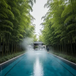 Piscina termale di un lussuoso resort immersa in una foresta di bambù in Cina, con architettura elegante.