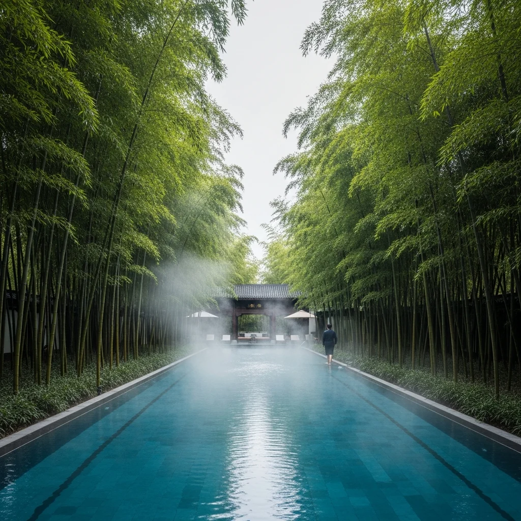 Piscina termale di un lussuoso resort immersa in una foresta di bambù in Cina, con architettura elegante.