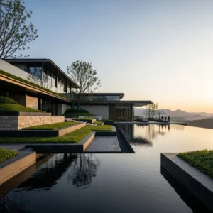 Architettura moderna di un lussuoso resort con piscine a sfioro e giardini terrazzati a Chengdu, Cina.