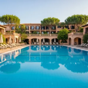 Piscina lussuosa di un resort in Sardegna, deserta ma ben curata, sotto la luce del mattino.