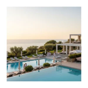 Vista panoramica di un lussuoso resort costiero in Toscana al tramonto, con piscine e aree lounge che si affacciano sul mare.