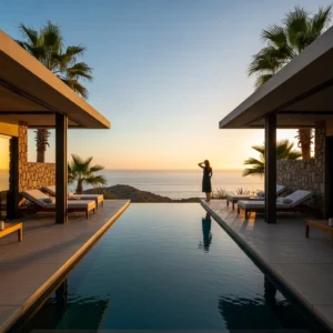 Elegante padiglione di lusso del resort Amanvari con piscina a sfioro privata che si affaccia sull'oceano al tramonto in Baja California, Messico. Una persona è visibile di spalle in lontananza.
