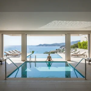 Vista panoramica di una moderna area spa con piscina a sfioro e design di lusso in un resort sulla costa spagnola.