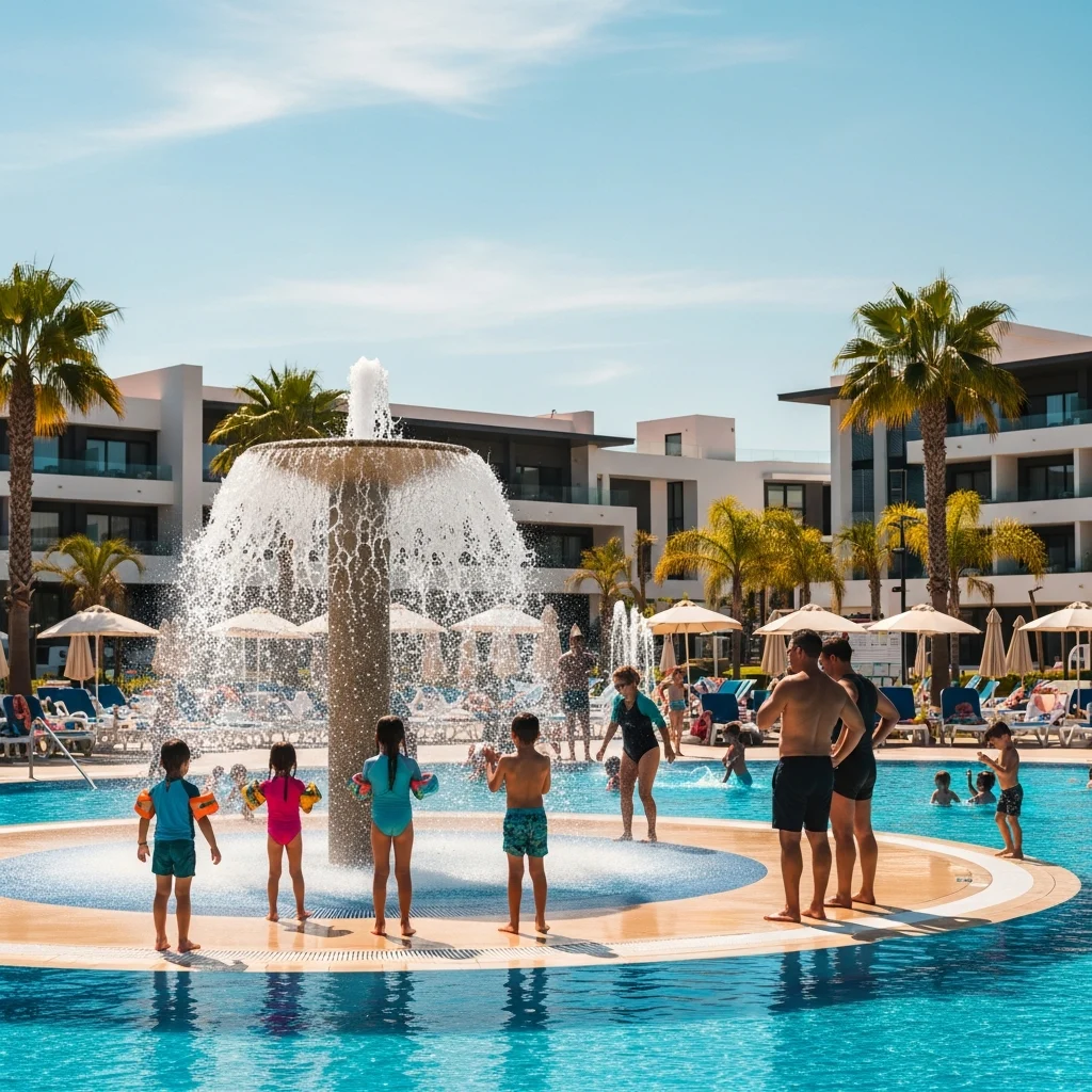 Famiglie che giocano in una fontana scenografica di un resort a Orihuela Costa, Spagna.