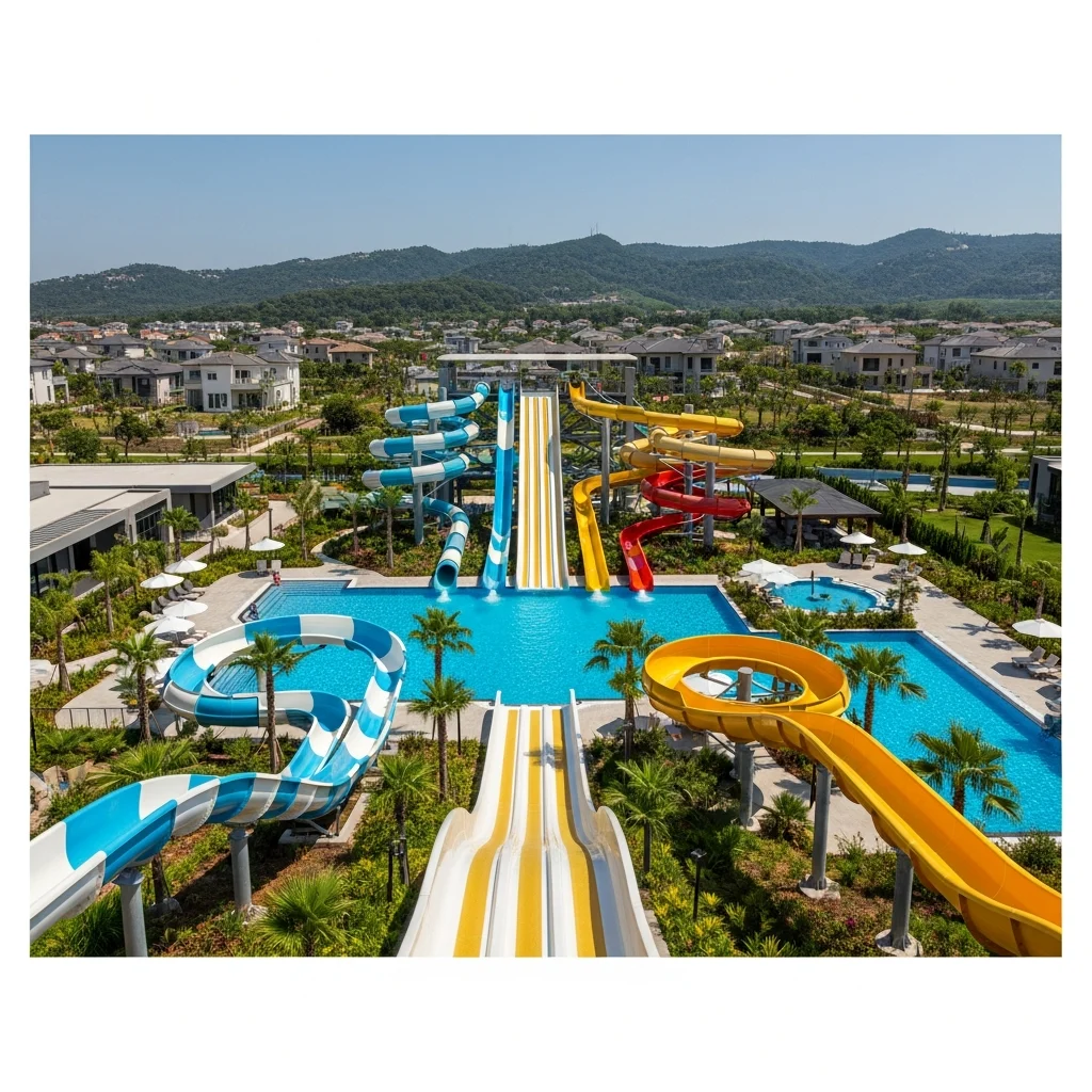 Imponente complesso di scivoli acquatici in un resort di lusso, con in lontananza alcune abitazioni residenziali e colline verdi.