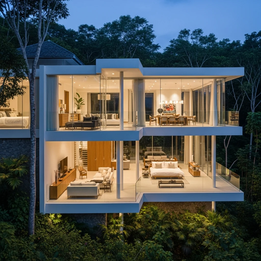 Villa di lusso moderna con pareti in vetro immerse in una lussureggiante foresta tropicale al crepuscolo, con luci interne accese.