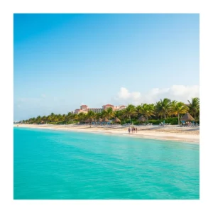Spiaggia di Cancun al tramonto con resort di lusso sullo sfondo e pochi turisti visti di spalle.