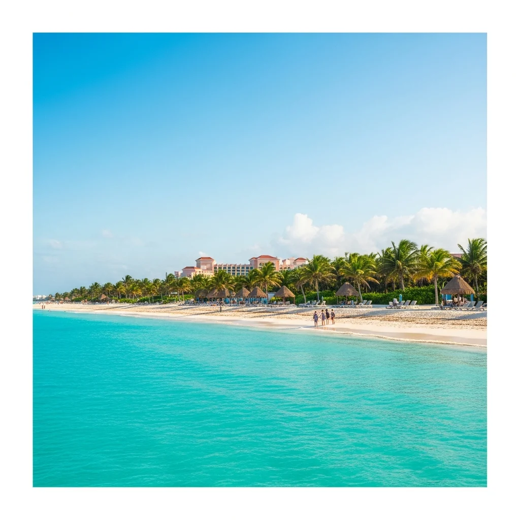 Spiaggia di Cancun al tramonto con resort di lusso sullo sfondo e pochi turisti visti di spalle.