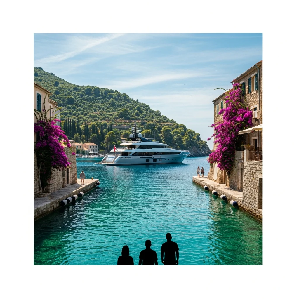 Lussuoso yacht da spedizione ormeggiato in una baia pittoresca di un'isola greca con edifici in pietra e mare cristallino.