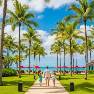 Famiglia vista di spalle che passeggia lungo un sentiero fiancheggiato da palme verso la spiaggia di un lussuoso resort tropicale.