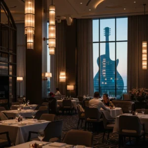 Interno di un lussuoso ristorante moderno all'interno di un resort, con una coppia seduta di spalle e la sagoma del Guitar Hotel visibile dalla finestra.