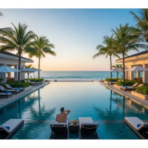 Coppia vista di spalle rilassata su lettini a bordo piscina in un lussuoso resort Meliá Collection in Vietnam, con vista mozzafiato su spiaggia tropicale e oceano al tramonto.