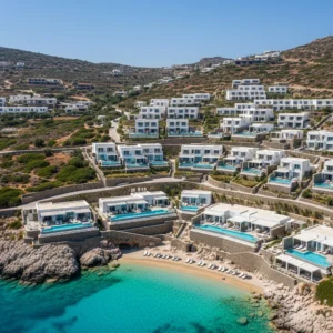 Vista aerea di un lussuoso resort in Grecia, Daios Cove, con ville private a picco sul mare, piscine di acqua salata e una spiaggia privata su una baia turchese.