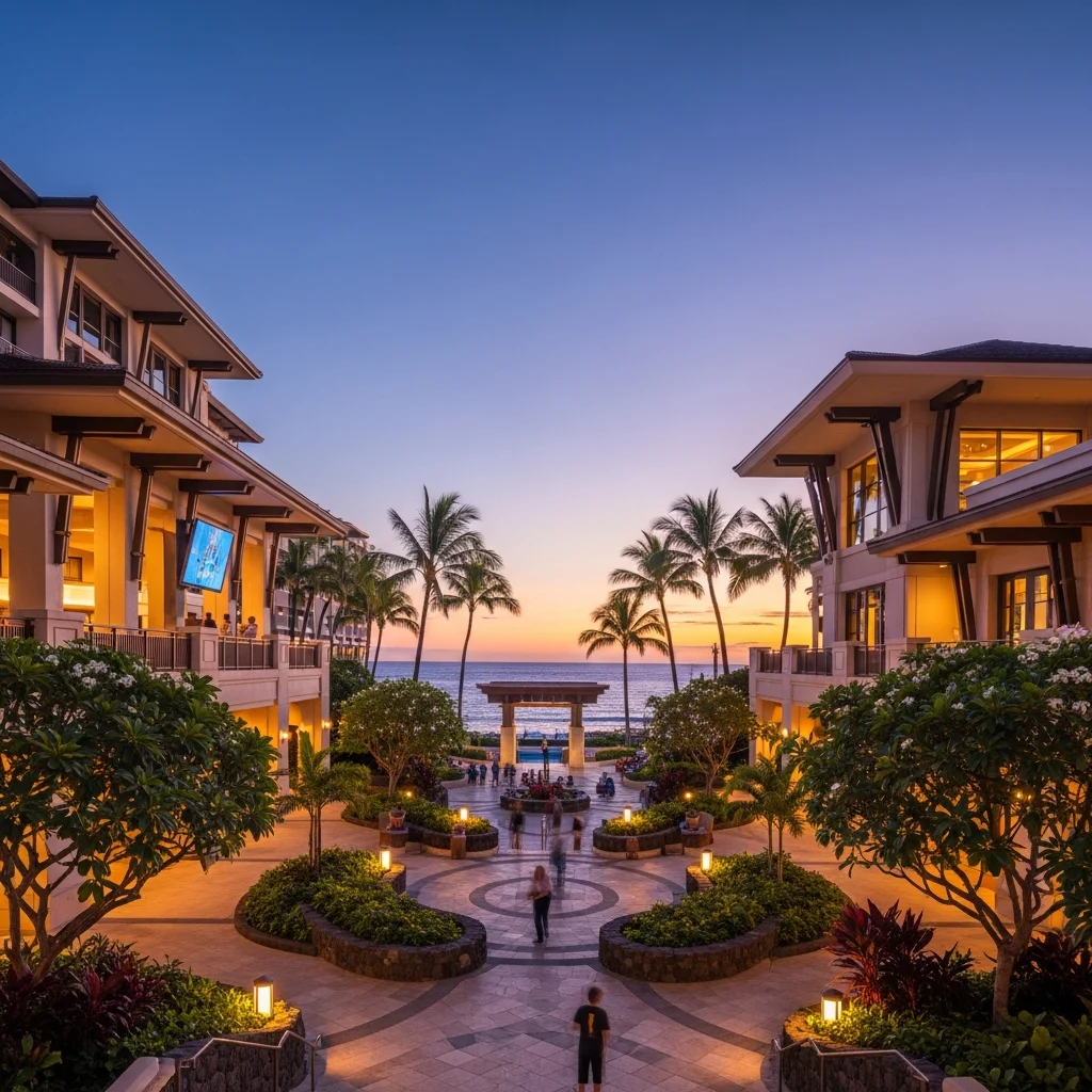 Complesso di intrattenimento moderno e vivace all'interno di un resort tropicale a Waikiki, al tramonto.