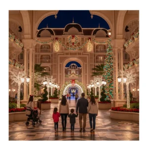 Atrio di un lussuoso resort decorato con addobbi natalizi, luci scintillanti e un grande albero di Natale, con famiglie e coppie in lontananza.