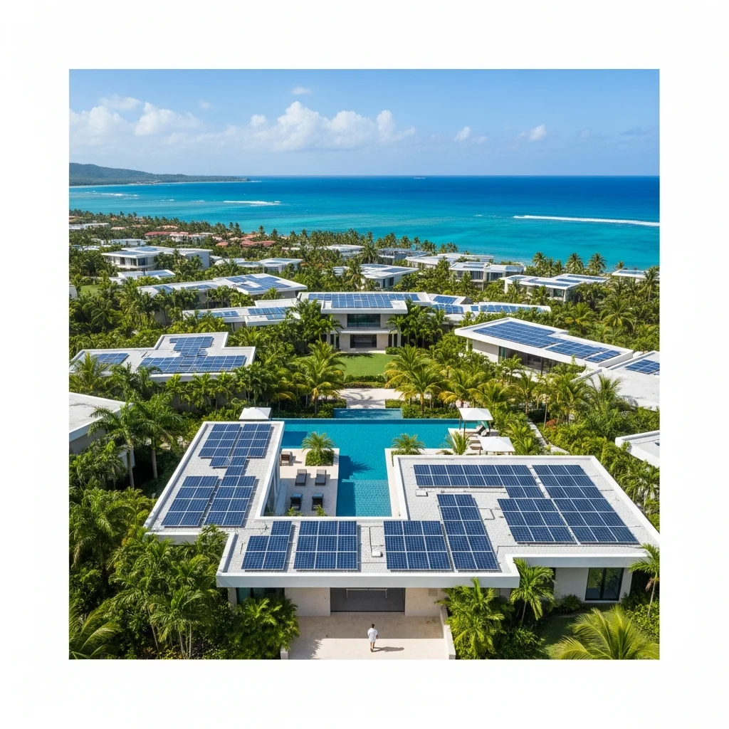 Vista aerea di un lussuoso resort a Puerto Rico con pannelli solari integrati nel design moderno, circondato da vegetazione tropicale e con il mare sullo sfondo.