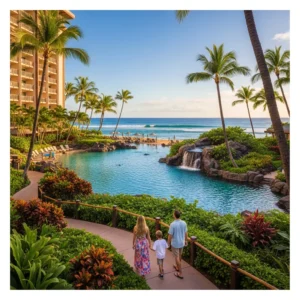Famiglia vista di spalle che passeggia tra giardini lussureggianti e una piscina tropicale, con l'oceano sullo sfondo, in un resort hawaiano.