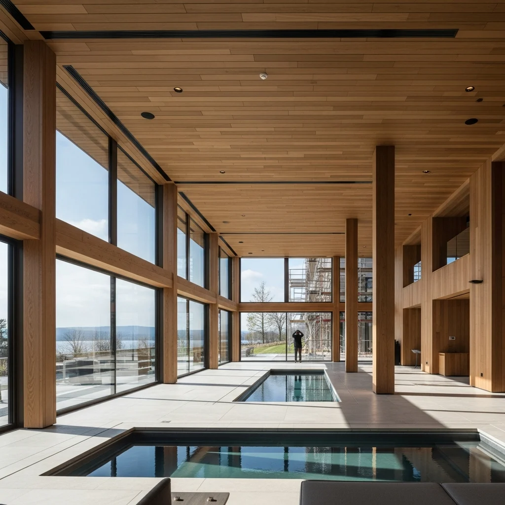 Lobby moderna e lussuosa di un resort recentemente rinnovato, con ampie vetrate che si affacciano su un lago e elementi di design contemporaneo.