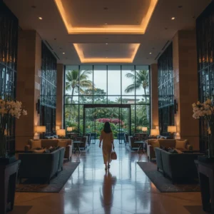 Persona vista di spalle che si allontana da una lussuosa hall di un resort moderno, con un'atmosfera un po' deserta.