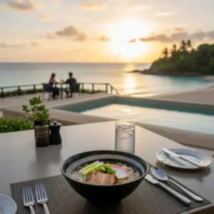 Piatto di soba di Okinawa servito su un tavolo elegante di un resort di lusso con vista mare al tramonto.