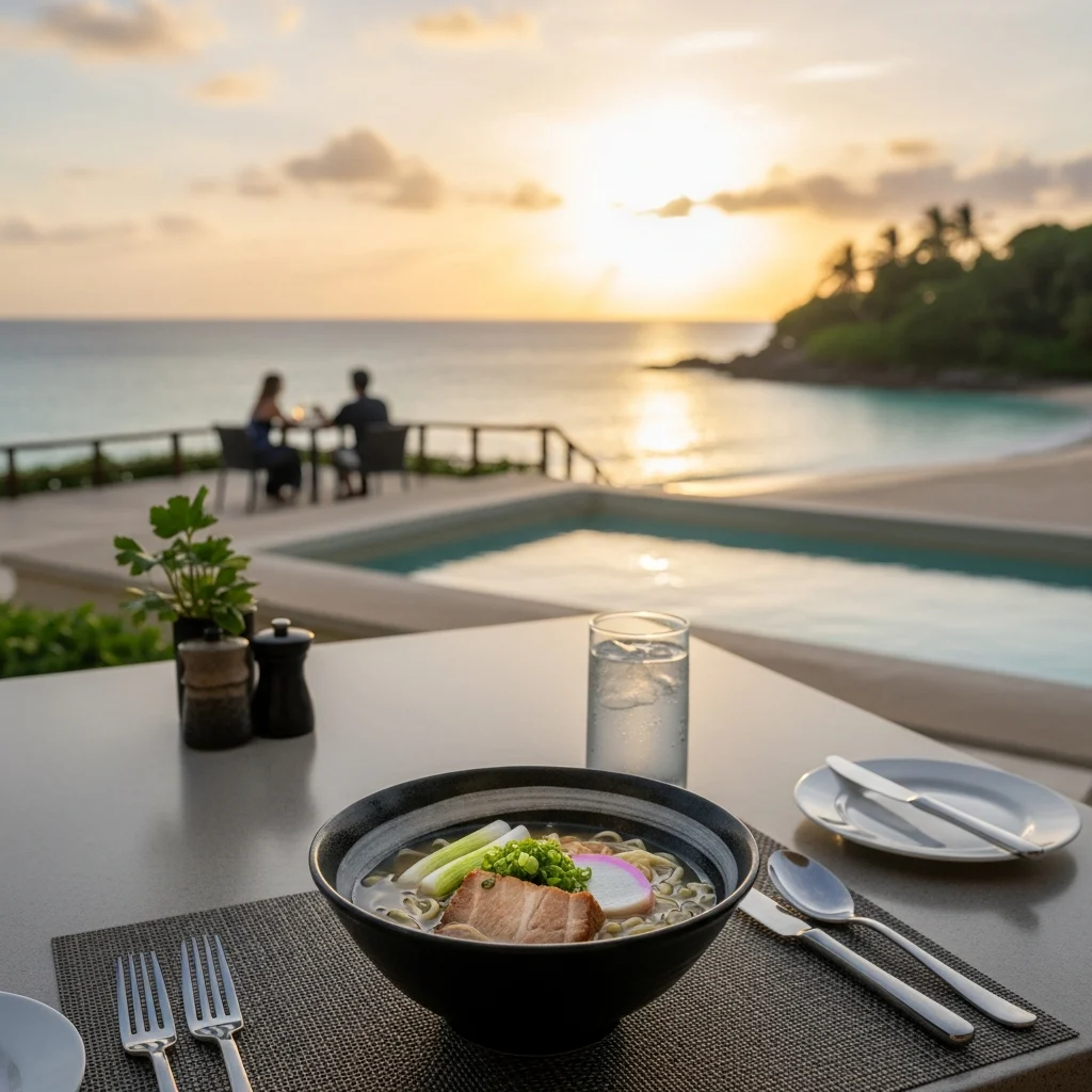 Piatto di soba di Okinawa servito su un tavolo elegante di un resort di lusso con vista mare al tramonto.