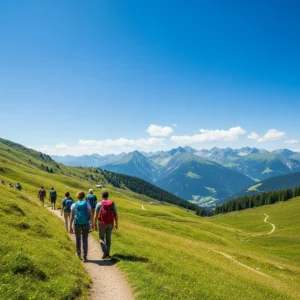 Sentiero escursionistico in un resort di montagna estivo con persone di spalle che ammirano il paesaggio alpino sotto un cielo sereno.