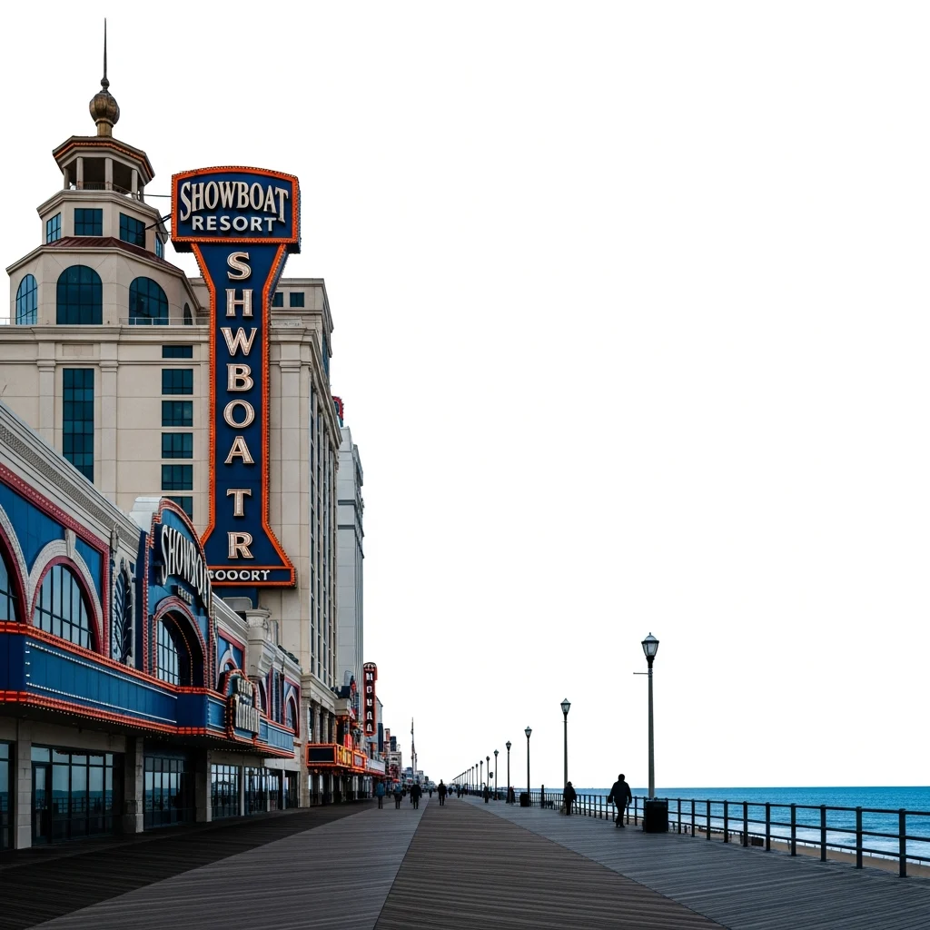 Architettura imponente dello Showboat Resort sulla boardwalk di Atlantic City con l'oceano sullo sfondo.