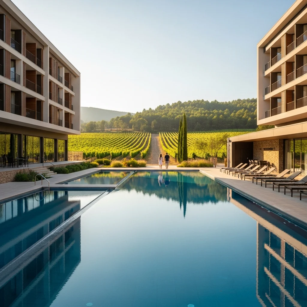 Veduta aerea di un resort di lusso con piscine a sfioro, edifici moderni e ampi vigneti, situato nella regione del Baix Maestrat in Spagna.
