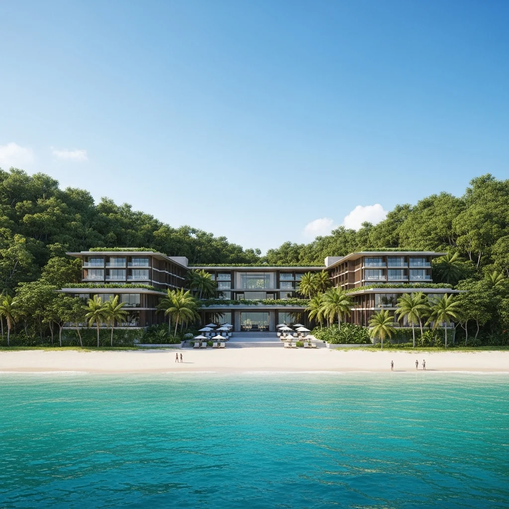 Edificio di un resort tropicale moderno e lussuoso, circondato da una giungla verde e affacciato su una spiaggia incontaminata con sabbia bianca.