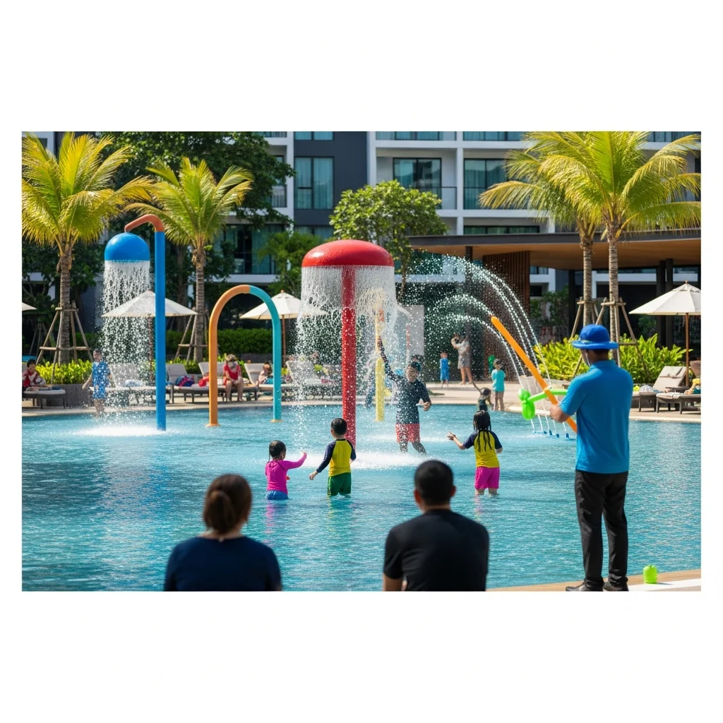 Famiglie che giocano con fontane d'acqua e animatori che creano palloncini in un vivace resort in Spagna.