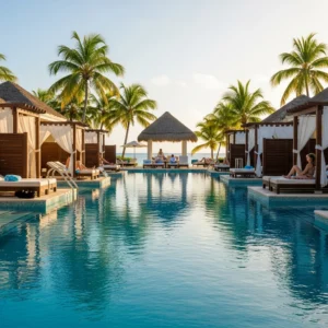 Piscina di un resort all-inclusive ai Caraibi con accesso diretto alle camere swim-up, circondata da vegetazione tropicale e palme.