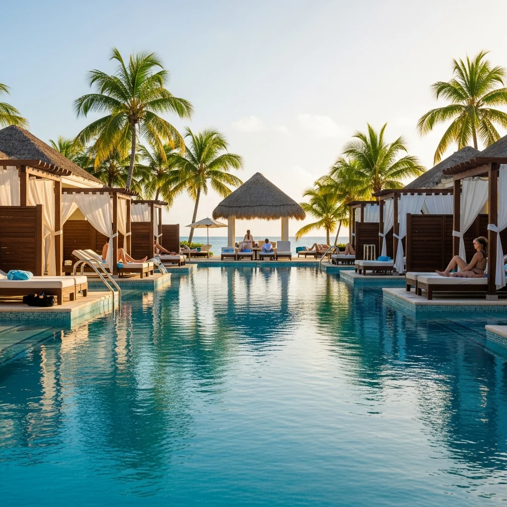 Piscina di un resort all-inclusive ai Caraibi con accesso diretto alle camere swim-up, circondata da vegetazione tropicale e palme.