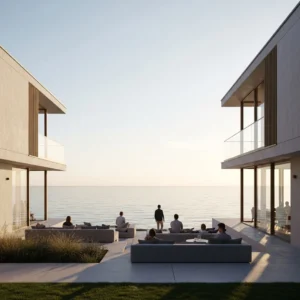 Lounge all'aperto di un resort di lusso con vista sul mare al tramonto, persone di spalle in lontananza