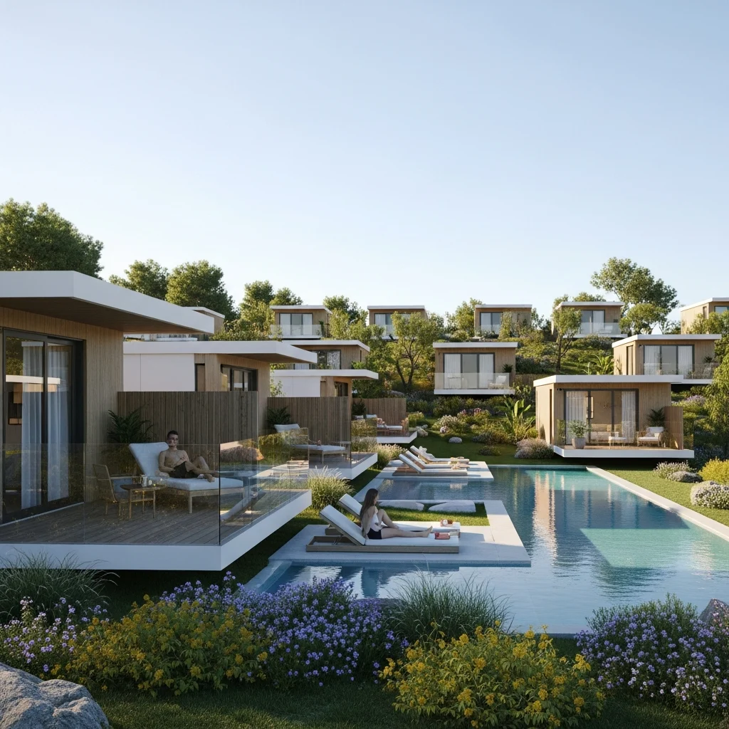 Resort di lusso in Spagna con case modulari e piscine immerse nel paesaggio mediterraneo.