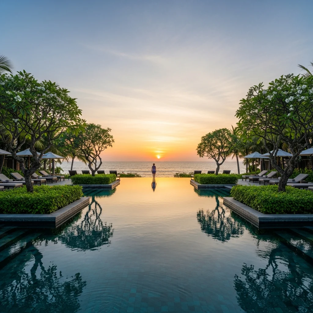 Piscina a sfioro di un lussuoso resort tropicale al tramonto, con giardini rigogliosi e una persona di spalle in lontananza.