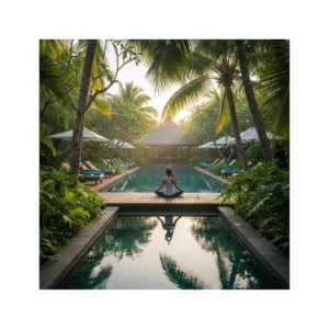 Una persona vista di spalle pratica yoga su una pedana in legno vicino a una piscina serena in un resort tropicale all'alba.