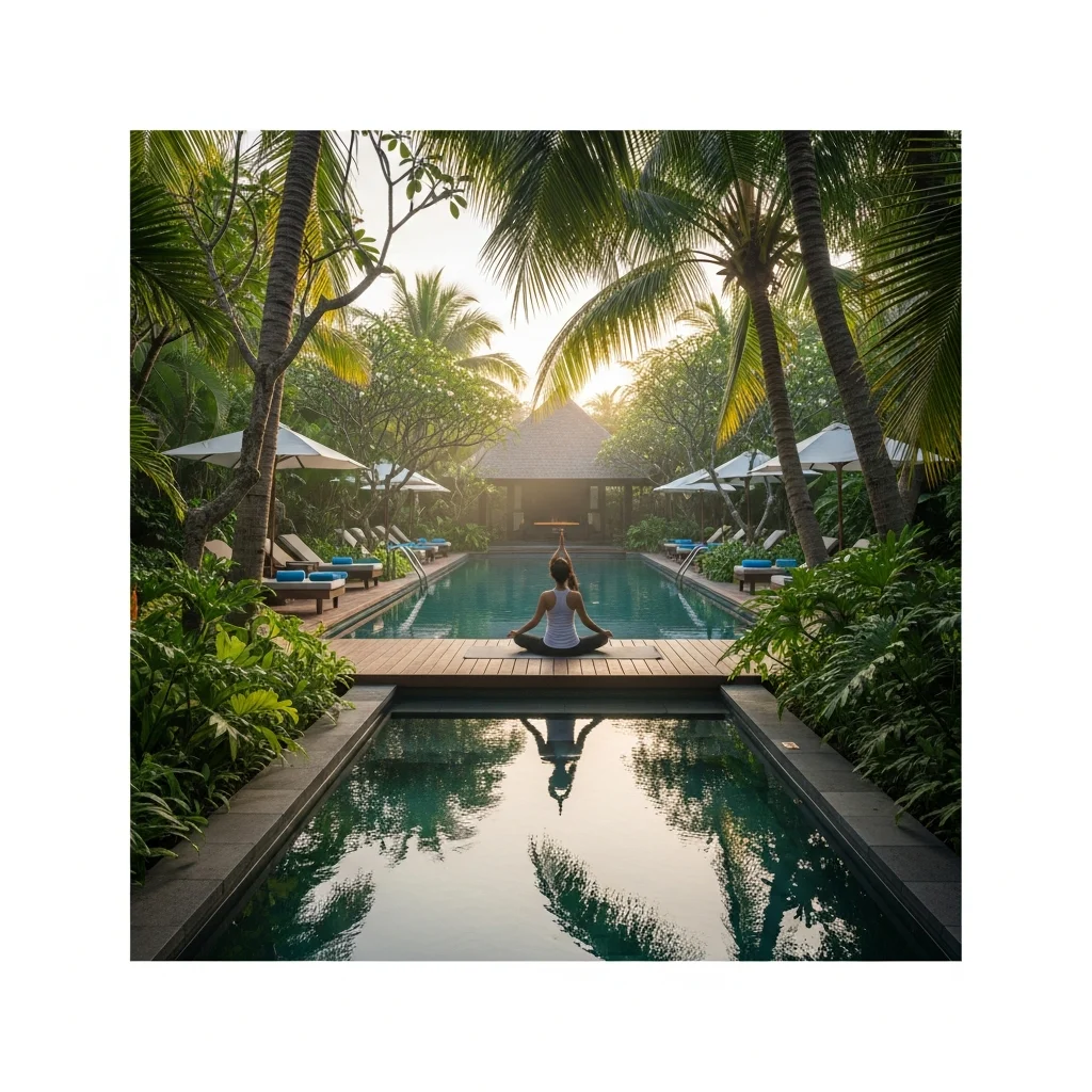 Una persona vista di spalle pratica yoga su una pedana in legno vicino a una piscina serena in un resort tropicale all'alba.