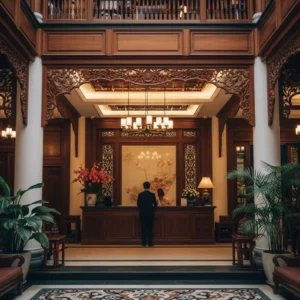 Hall di un lussuoso boutique hotel in Vietnam con elementi architettonici locali e design moderno.
