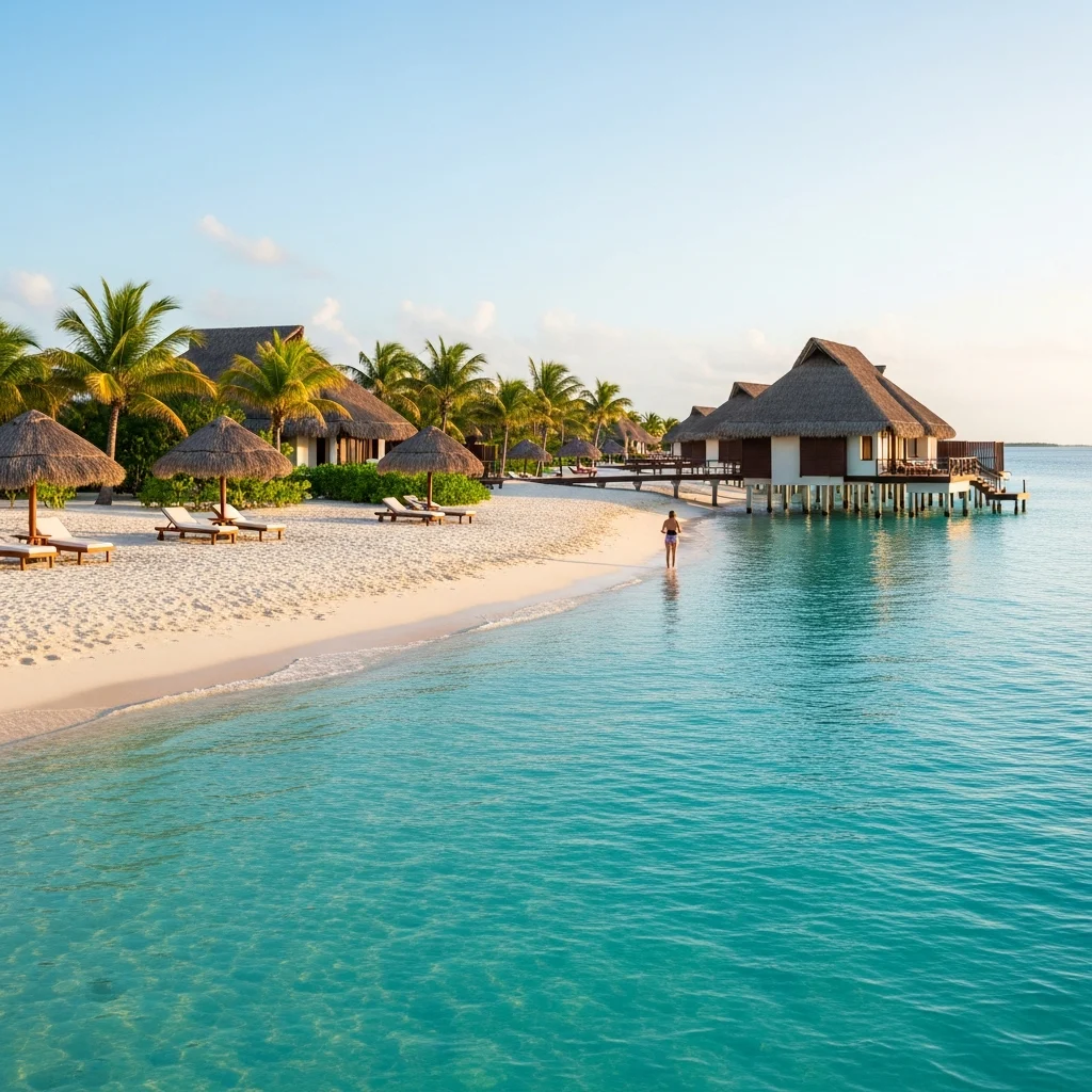 Veduta aerea di un lussuoso resort a Cayo Santa María, Cuba, con ville sull'acqua e spiagge di sabbia bianca accarezzate da acque turchesi al tramonto.