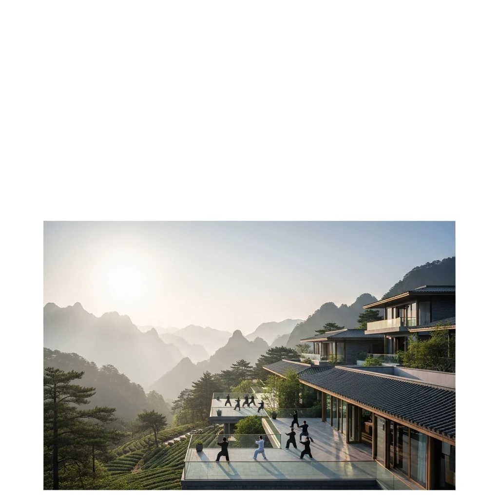 Resort di lusso eco-sostenibile integrato tra le montagne nebbioso di Huangshan, Cina, con figure distanti che praticano Tai Chi all'alba.