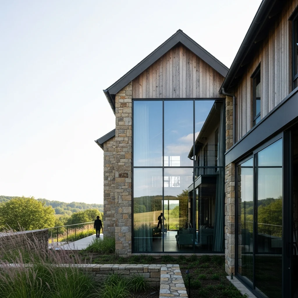 Architettura moderna e lussuosa del Resort MIYA LOSTVILLA Huchen Barn, con ampie vetrate che si affacciano su un paesaggio naturale rigoglioso.