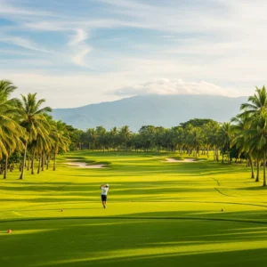 Campo da golf tropicale nelle Filippine, con palme e montagne sullo sfondo, e un golfista in lontananza.