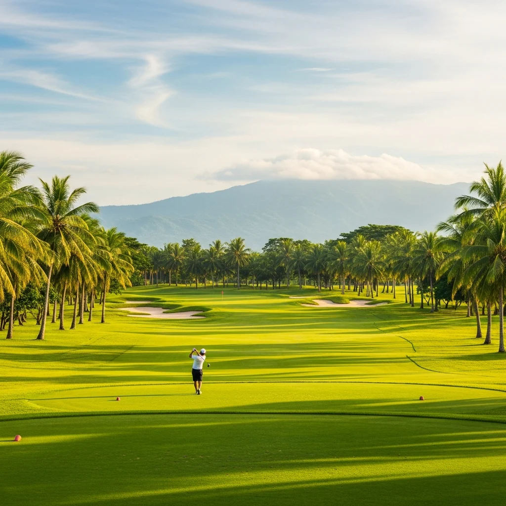 Campo da golf tropicale nelle Filippine, con palme e montagne sullo sfondo, e un golfista in lontananza.