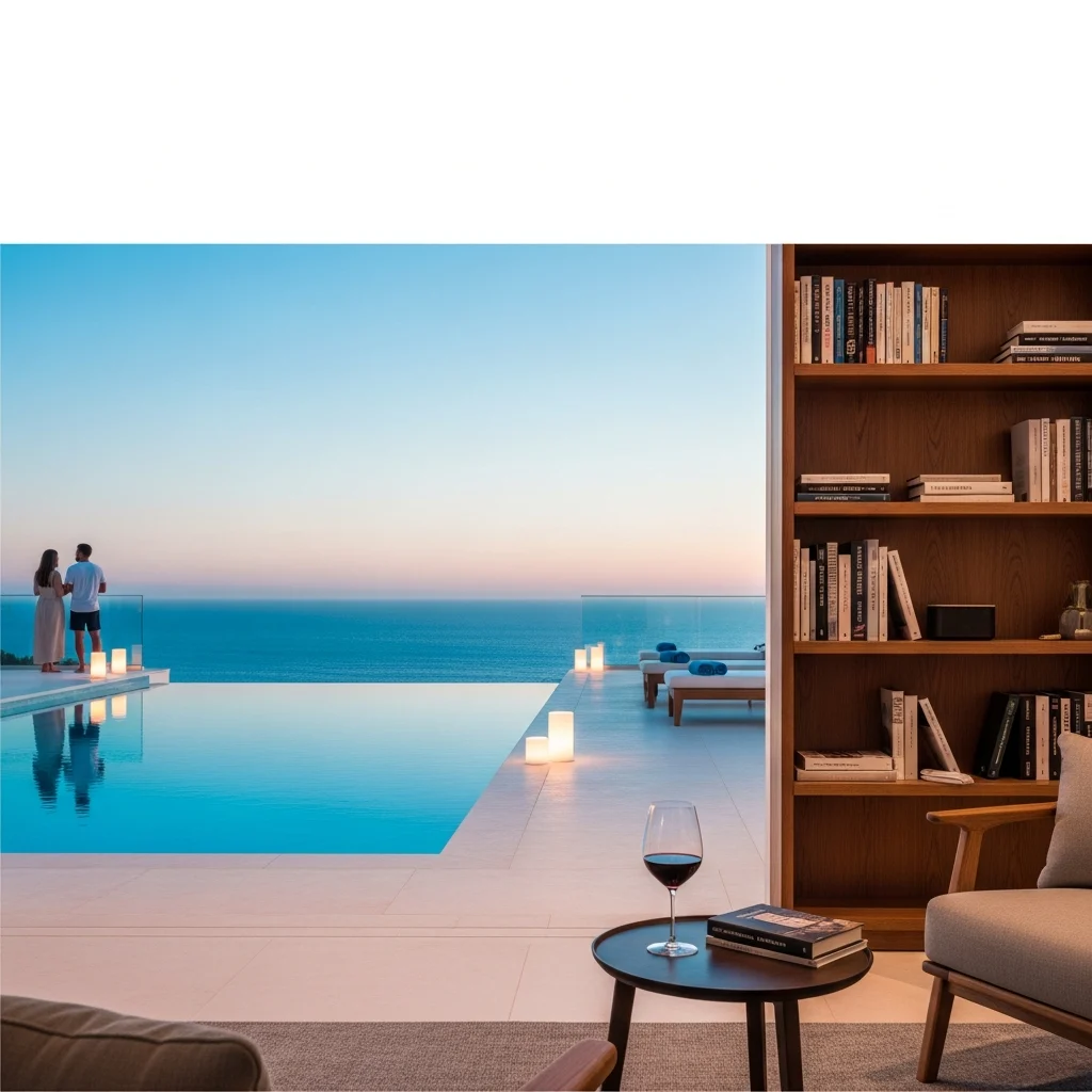 Piscina a sfioro di un resort di lusso in Algarve al tramonto, con lounge area esterna, libreria e bicchiere di vino.