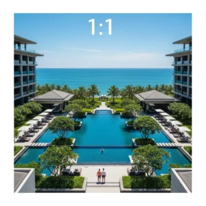 Vista aerea di un lussuoso resort tropicale con piscine eleganti, giardini curati e architettura moderna, con l'oceano sullo sfondo.