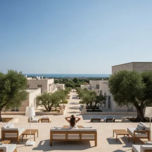 Vista di un elegante resort di lusso in Puglia, con architettura in pietra chiara immersa tra ulivi secolari e il mare sullo sfondo. Un salotto all'aperto attende gli ospiti.