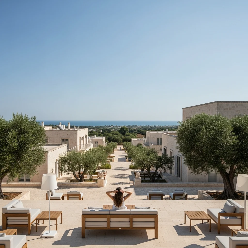 Vista di un elegante resort di lusso in Puglia, con architettura in pietra chiara immersa tra ulivi secolari e il mare sullo sfondo. Un salotto all'aperto attende gli ospiti.